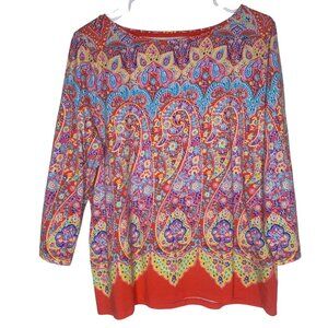 Talbots Top Womens Petite XLP Paisley Vibrant Tee Shirt 3/4 Sleeve Colorful Spri